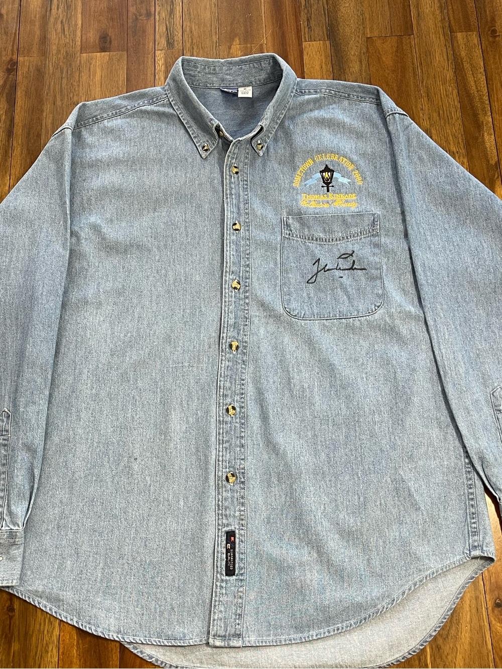 Thomas Kinkade Autographed Vintage Blue Denim Shirt with Embroidered Lantern